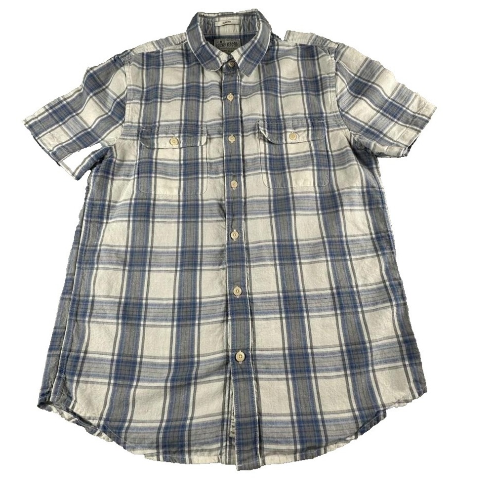 Lucky Brand Linen Blend Plaid Shirt Mens Medium Blue Slim Oxford Office